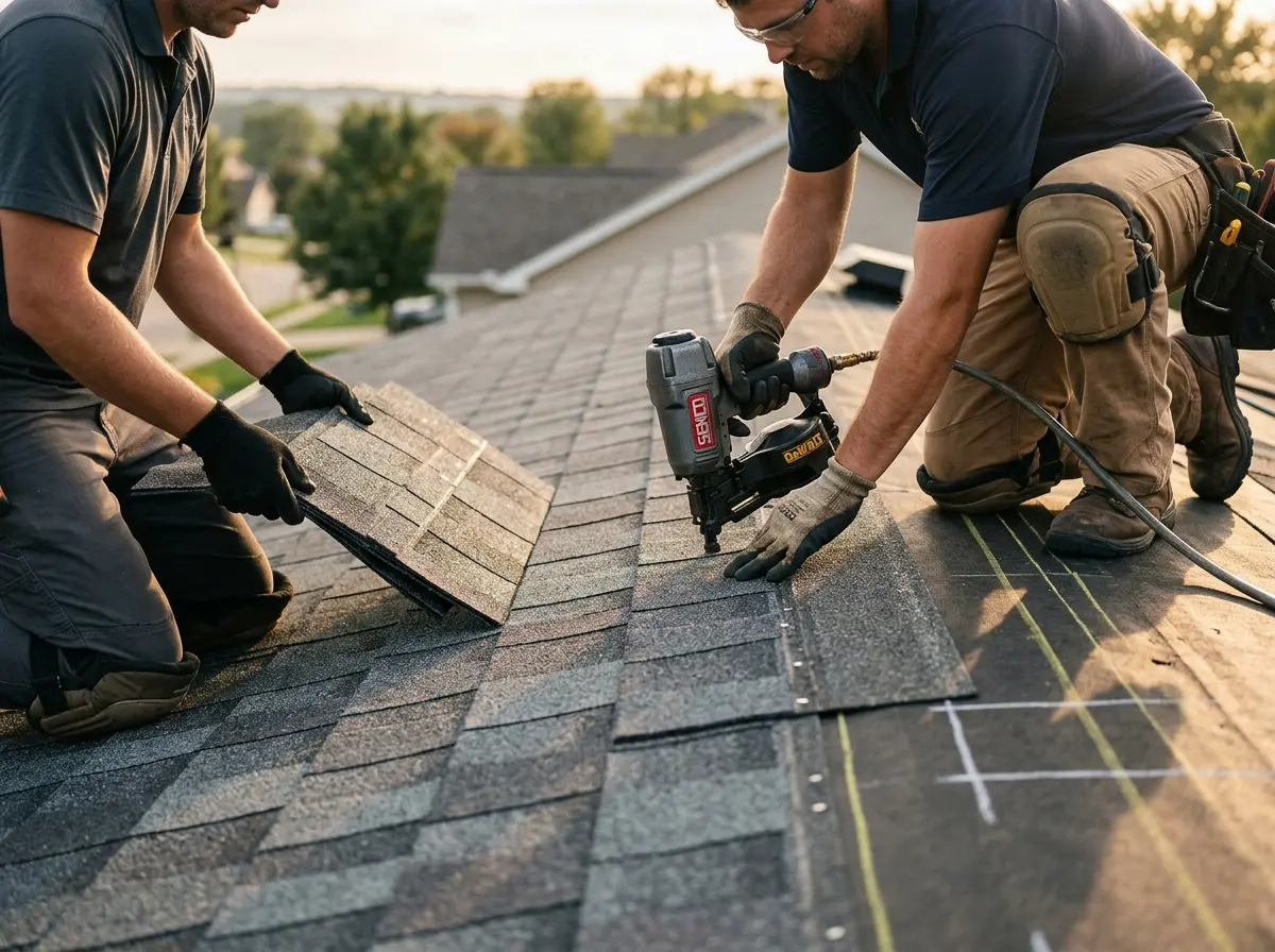 Professional roofer working on a residential roof in Union